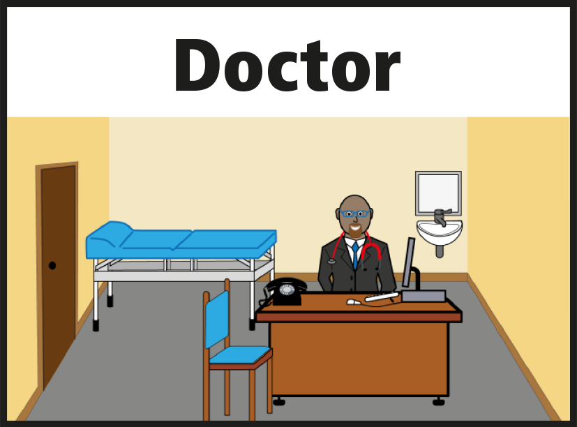 Illustration of a doctor at his desk in a surgery
